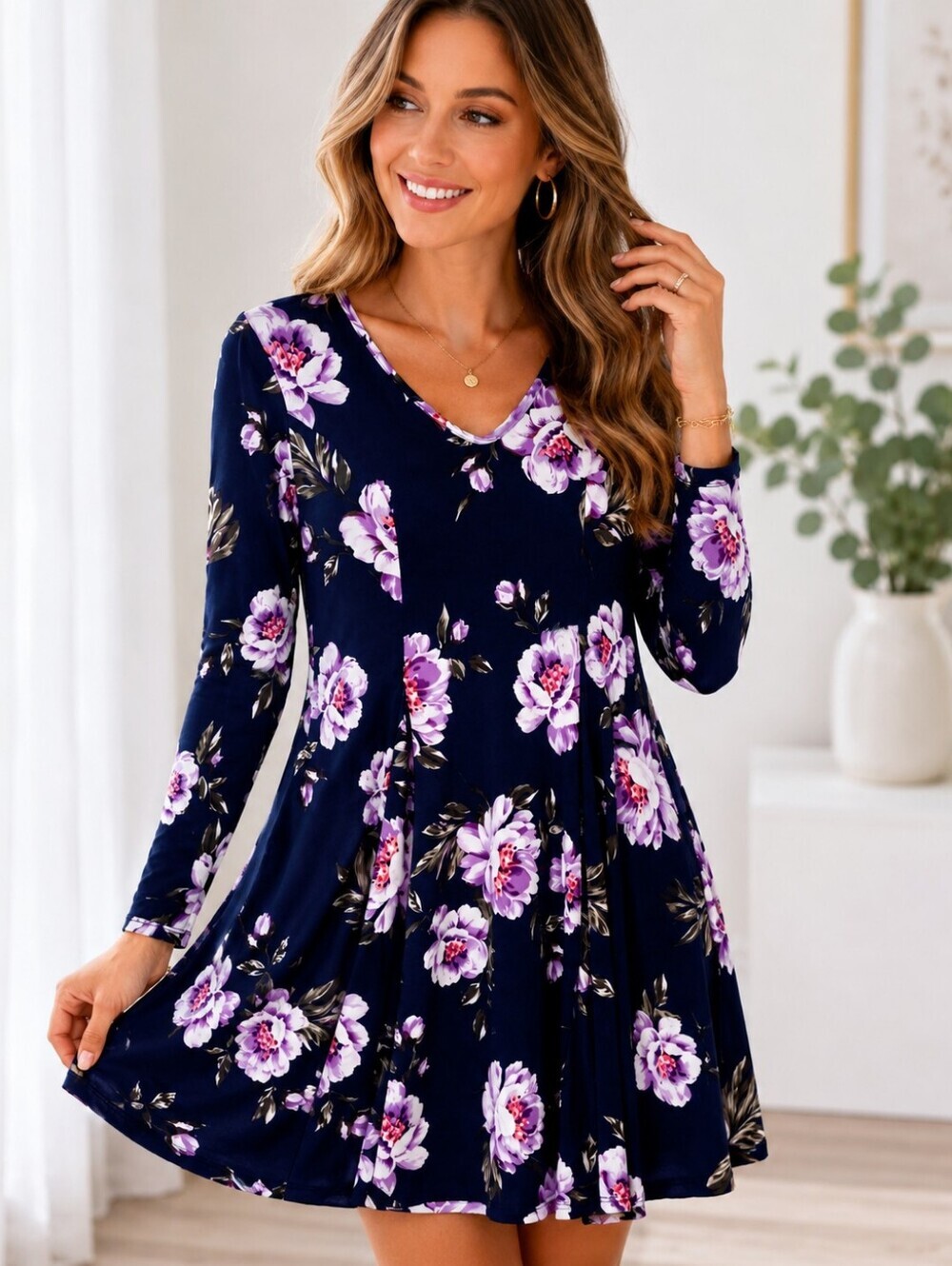 Mia & Tess Navy Floral Fit & Flare Dress Women's Small Long Sleeve